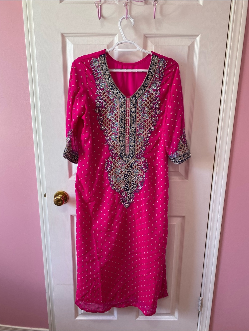 Womens 3pc Pakistani Suit Pink Desi Suit Heavy Dress Wedding Wear Size Large